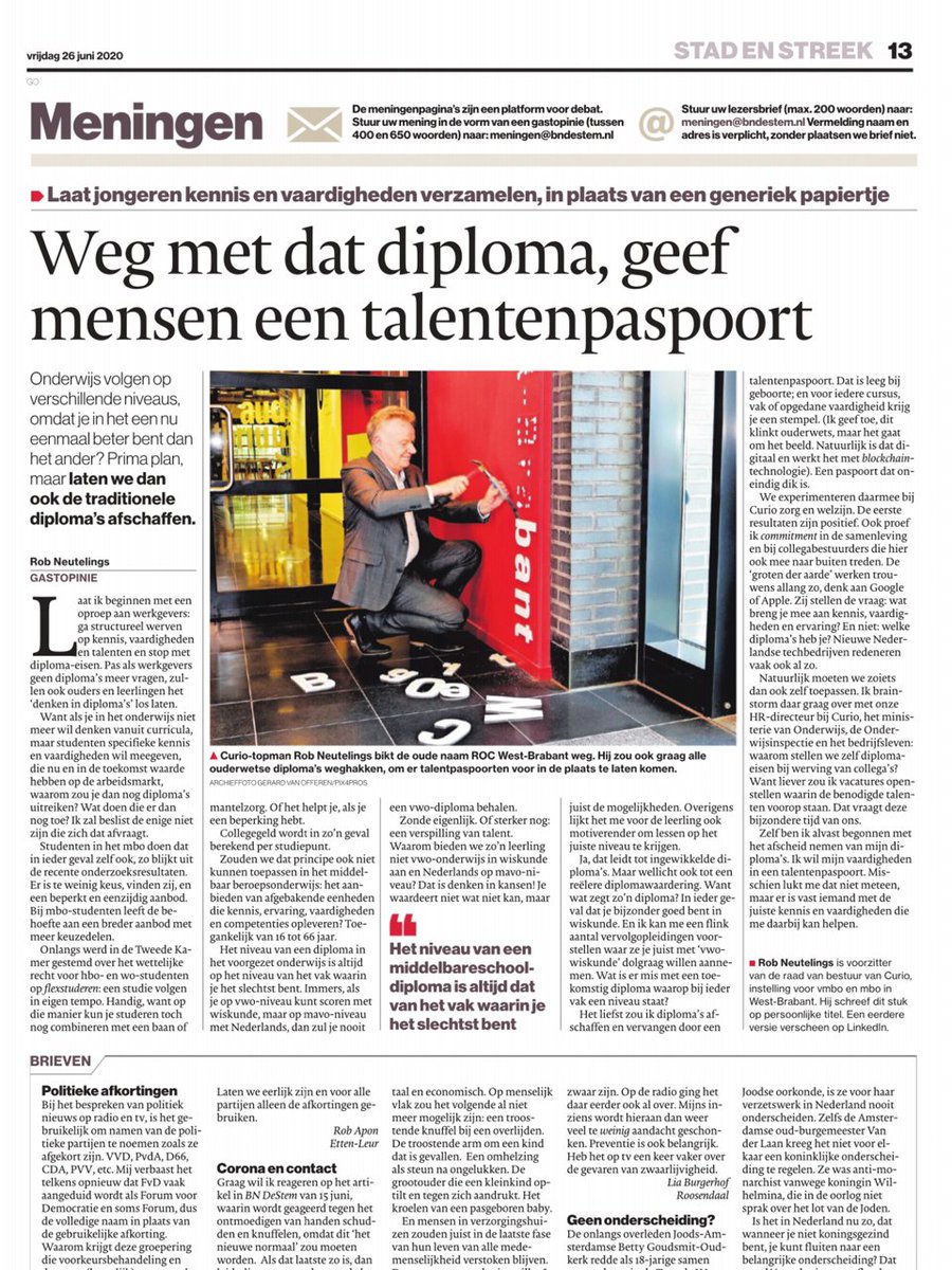 CurioOnderwijs's tweet photo. Weg met de diploma's. Maar waarom? En kan dat zomaar? Wat vinden werkgevers en recruiters daarvan?  Onze bestuursvoorzitter Rob Neutelings gaf vandaag zijn persoonlijke mening in een opiniestuk  @bndestem  .   #Curio #diploma https://t.co/mlT9iquyZ0