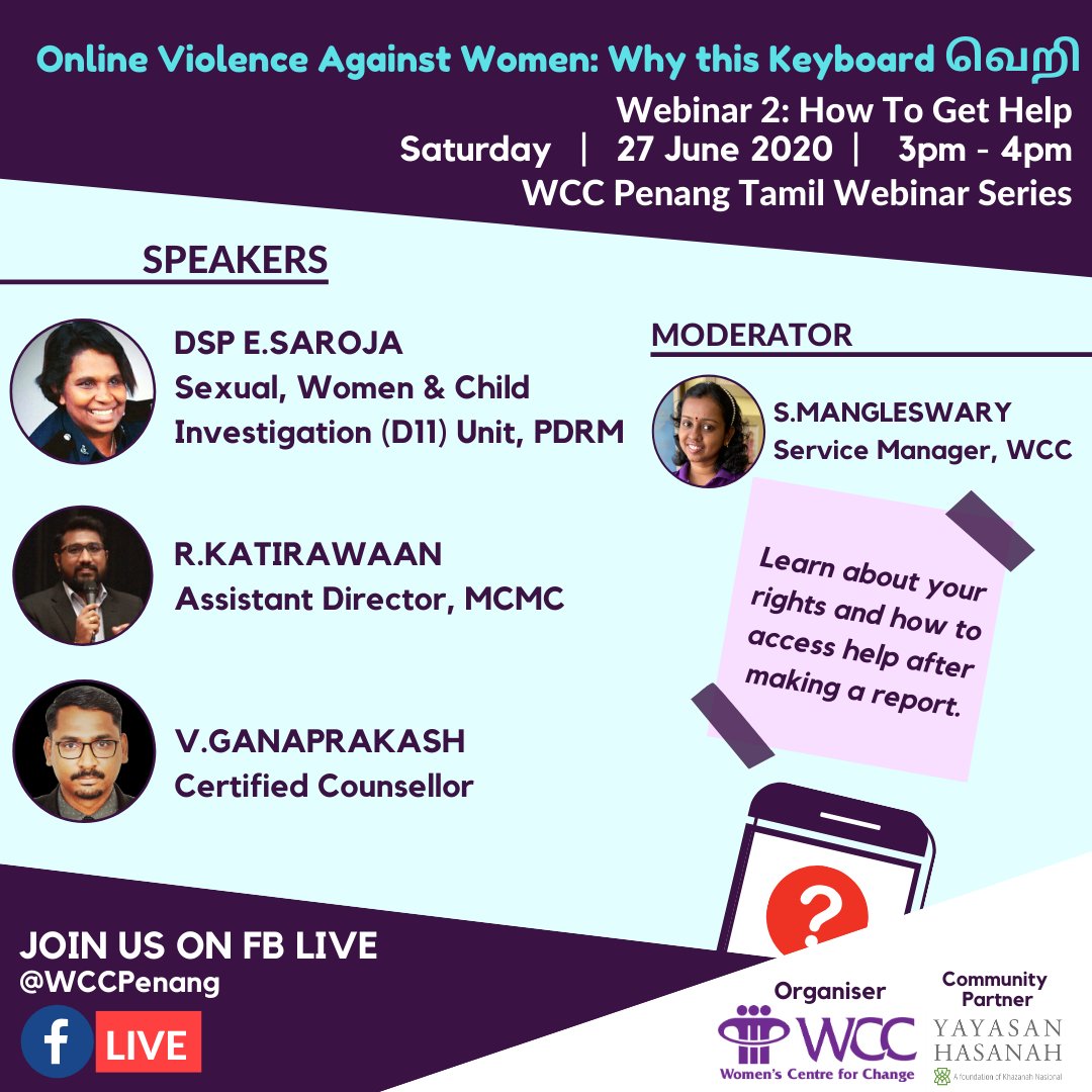 WCCPenang's tweet photo. ONLINE VIOLENCE AGAINST WOMEN: WHY THIS KEYBOARD வெறி
Tomorrow is the second online talk in WCC's Tamil webinar series. See you at 3pm for 'How To Get Help'.
#WCCPenang #TBTT2020 #WhyThisKeyboardVeri #MeToo https://t.co/Yc96jvJUoG