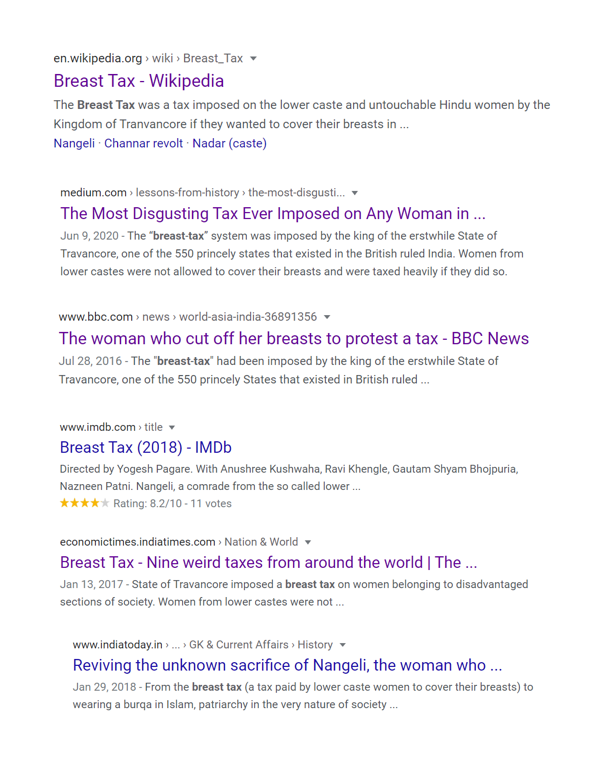Mentions of Breast-Tax in chronology1972 Book by TKRavi.1973 Book by TKRavi.2000 Book by SN Sadesivan2011 Book by A. Raju2016 BBC2017 Indiatimes,Scroll,theHindu2018 Deccanchronical,Indiatoday.,Movie by Pagare2019 books by Menon, Emmanuel T, Subhrashis, S pillai2/n