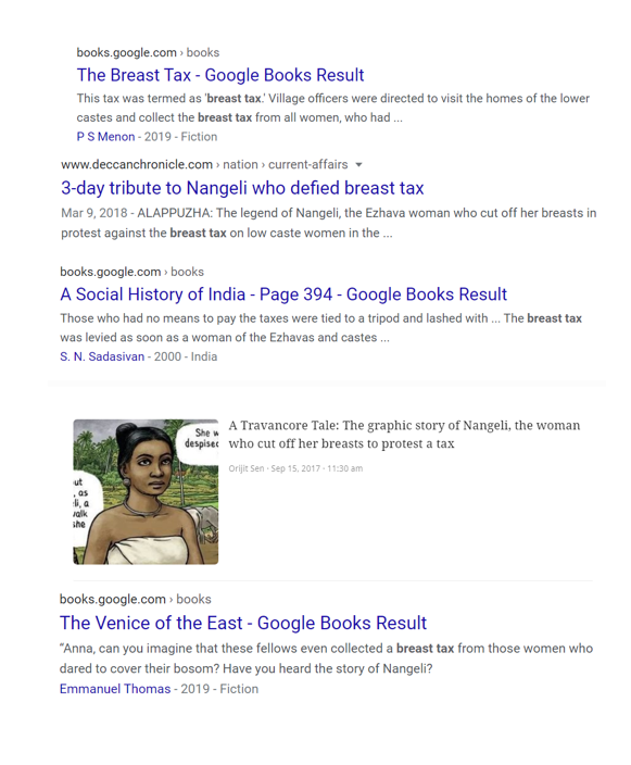 Mentions of Breast-Tax in chronology1972 Book by TKRavi.1973 Book by TKRavi.2000 Book by SN Sadesivan2011 Book by A. Raju2016 BBC2017 Indiatimes,Scroll,theHindu2018 Deccanchronical,Indiatoday.,Movie by Pagare2019 books by Menon, Emmanuel T, Subhrashis, S pillai2/n