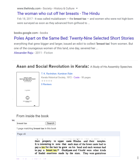 Mentions of Breast-Tax in chronology1972 Book by TKRavi.1973 Book by TKRavi.2000 Book by SN Sadesivan2011 Book by A. Raju2016 BBC2017 Indiatimes,Scroll,theHindu2018 Deccanchronical,Indiatoday.,Movie by Pagare2019 books by Menon, Emmanuel T, Subhrashis, S pillai2/n