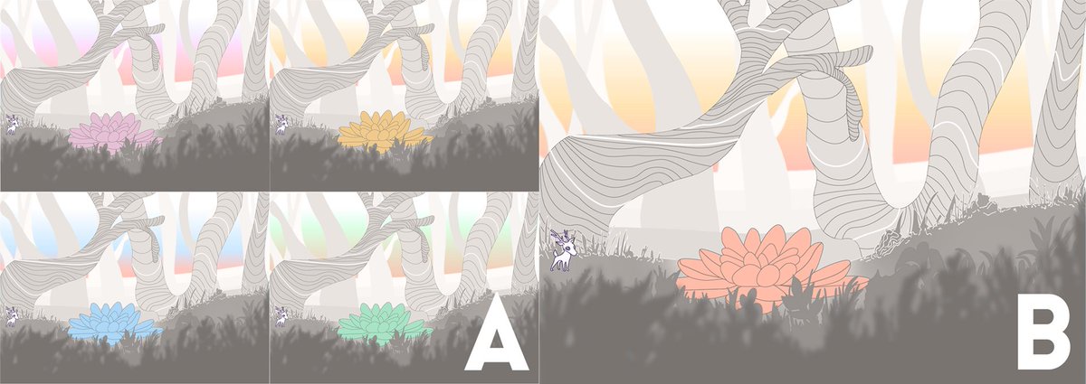 loowagame's tweet photo. Flower colour studies: do you think the flower's colour should be picked from the path's background (so each path would have a differently coloured flower) or should we use a neutral colour for the flowers in all paths?
#gamedev #indiedev #indiegame #gameart #gamedevpoll https://t.co/8ws11TuztC