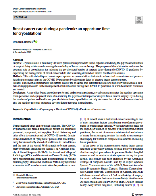 DoctorHolmesLA's tweet photo. "Dr. Holmes is author of the newly published article, "Breast cancer care during a pandemic: an opportune time for cryoablation?" in Breast Cancer Research and Treatment. Read and share here: https://t.co/4ruWot0uRd https://t.co/cCGaTpOjQT