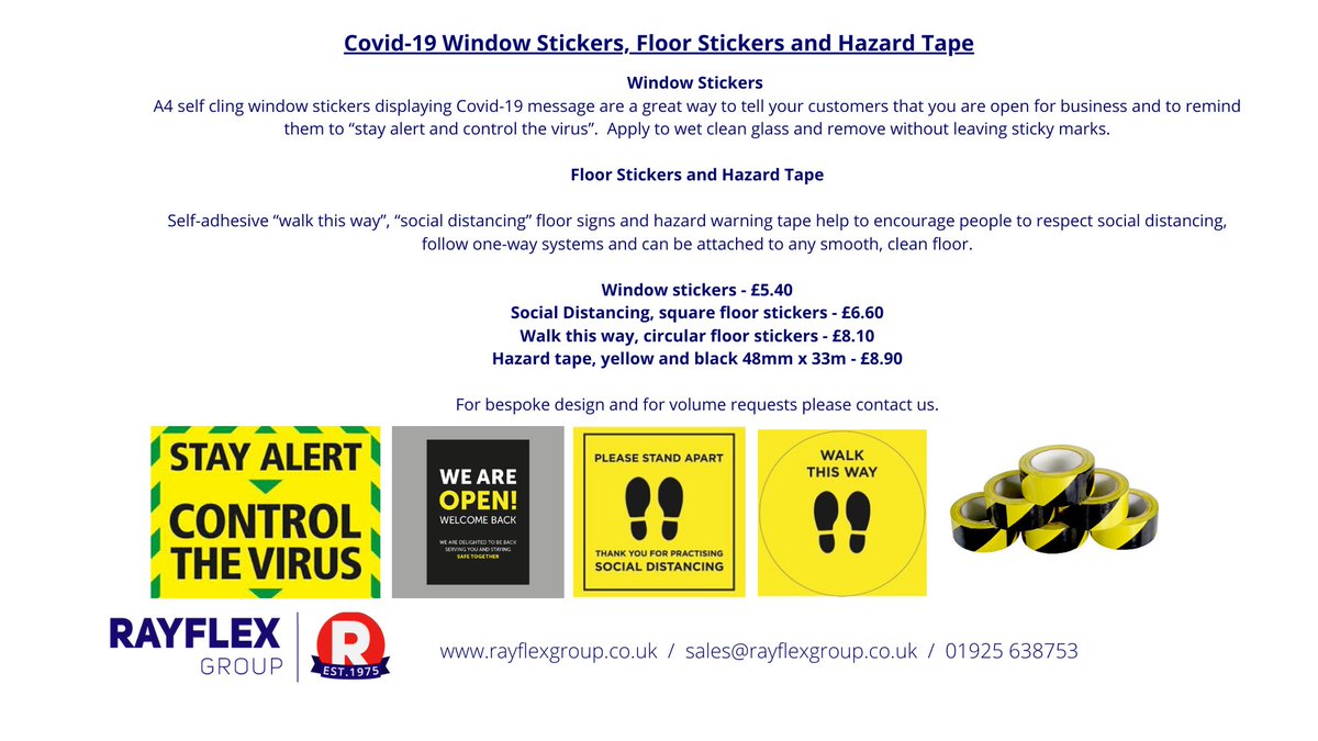 pvcstripUK's tweet photo. New product alert - in stock. Window stickers, floor stickers and hazard tape. Shout that you are open again and remind your customers to respect social distancing with our window stickers, floor stickers and hazard tape. #covid19solutions #socialdistancing #keepsafe #staysafe https://t.co/12bihFt9nP
