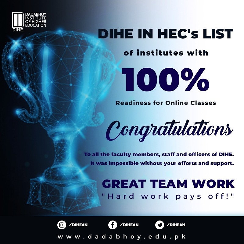DIHEMAIN's tweet photo. CONGRATULATIONS!

HEC recently gathered data to assess institutes' Online Classes Readiness. DIHE is in HEC's list of 19 universities who have submitted 100% record of its online readiness as per HEC guidelines. 

#onlineclasses #HECAssessmentSurvey  #covid19 #HEDR #DIHE #DIHEAN https://t.co/HOwEggY7jh