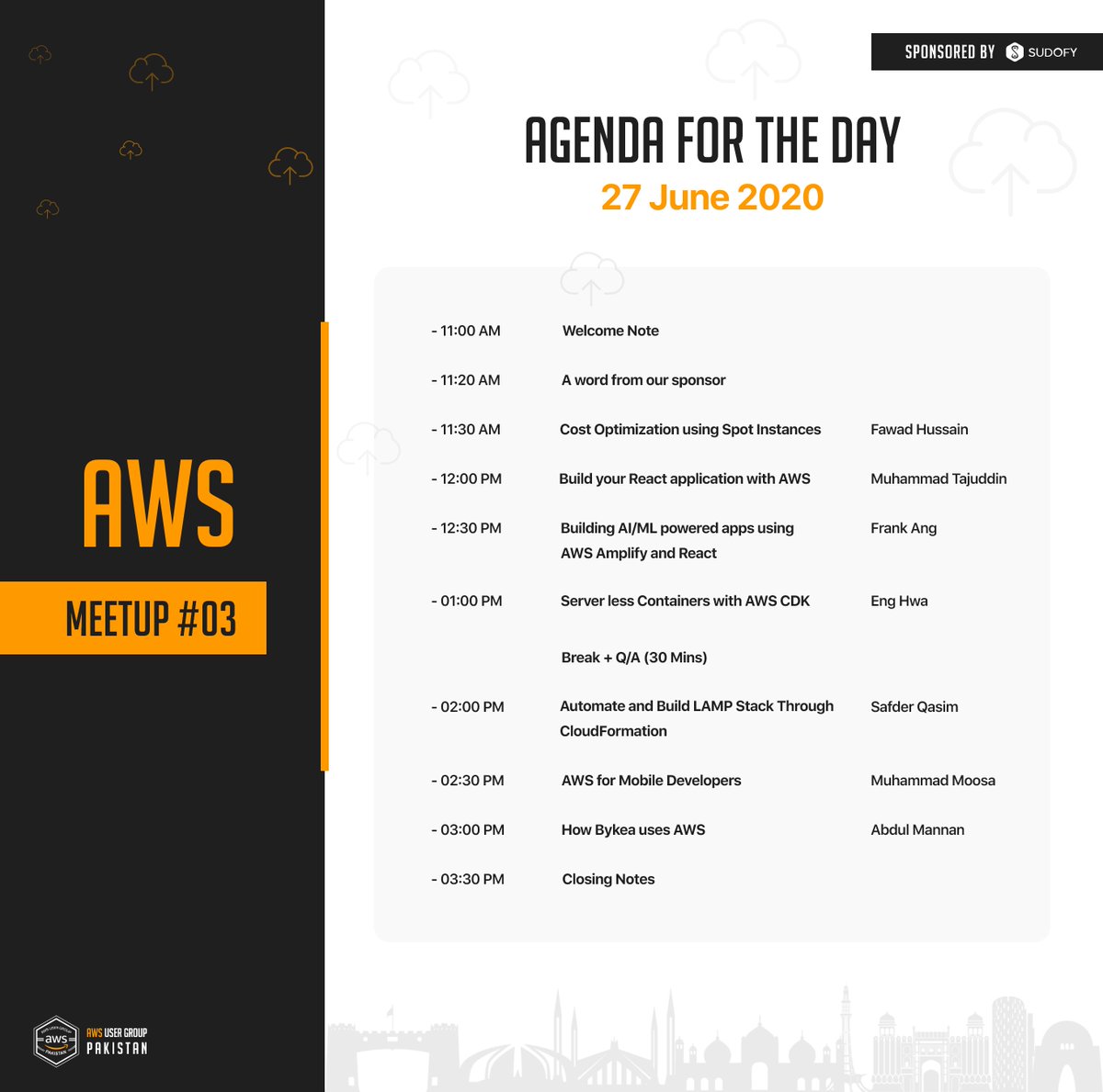 awsugpk's tweet photo. Unveiling the agenda for AWS Karachi Meetup #03. Join us for an exciting and informative session!

Apply here: https://t.co/7IPN9EQS4H

Location: Karachi, Pakistan (ONLINE)

Event Date: June 27, 2020
Timing: 11 AM – 4 PM https://t.co/bFt1iffRFY