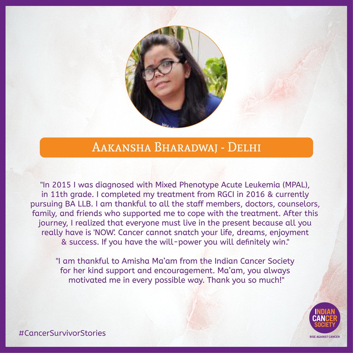 ics_1951's tweet photo. Aakansha Bharadwaj from Delhi, a #childhoodcancer victor & ICS’s childhood #cancersurvivors support group - #UGAM member; her story makes us realize the importance of life & living in the moment come what may.
#humansofbombay #CancerSurvivors #IndianCancerSociety #cancervictor https://t.co/JI44kI9RaZ