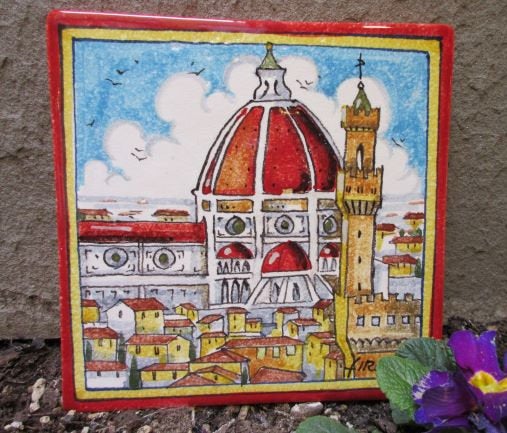 florence view on a beutiful tile #etsy: Large ceramic tile handmade, hand painted with Florence Duomo city skyline etsy.me/3dB09nh #festadelpapa #giallo #datavolo #rosso #inaugurazione #handpaintedtile #tile #tiles #homedecor