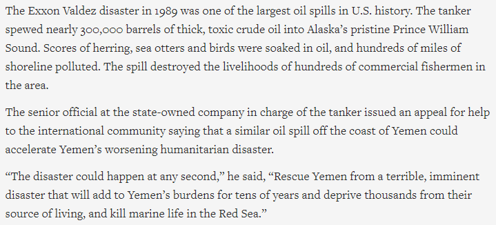 Great follow-up by  @mokhbersahafi of  @AP about the abandoned 44 year old supertanker SAFER off the Red Sea coast of Yemen. We're very happy to see more media coverage on this extremely volatile vessel, laden with more than 1 million barrels of crude oil. https://apnews.com/e8d9e1a1d674a2d6784a2c53dfe628e2