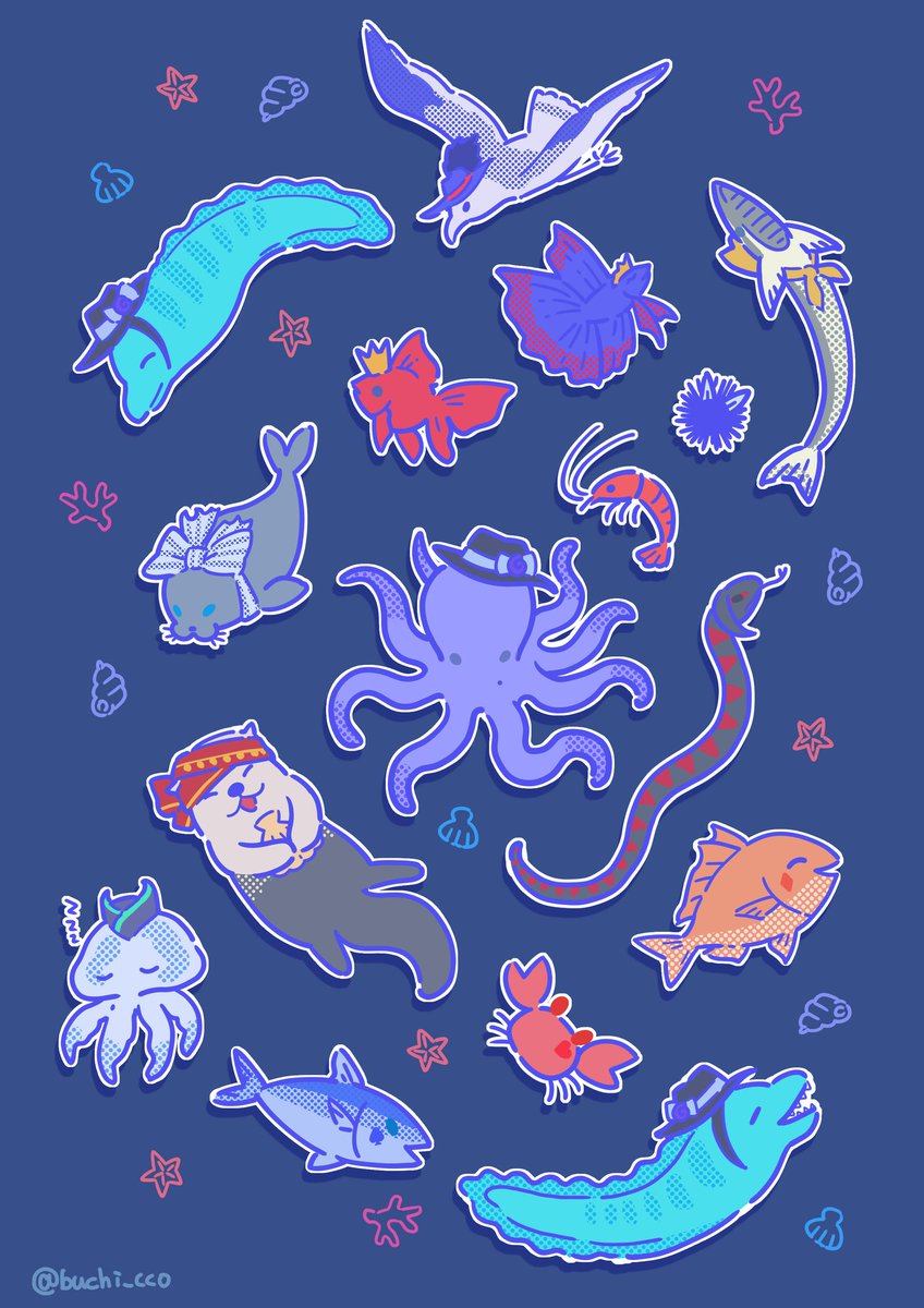 crab no humans octopus starfish animal blue background hat  illustration images