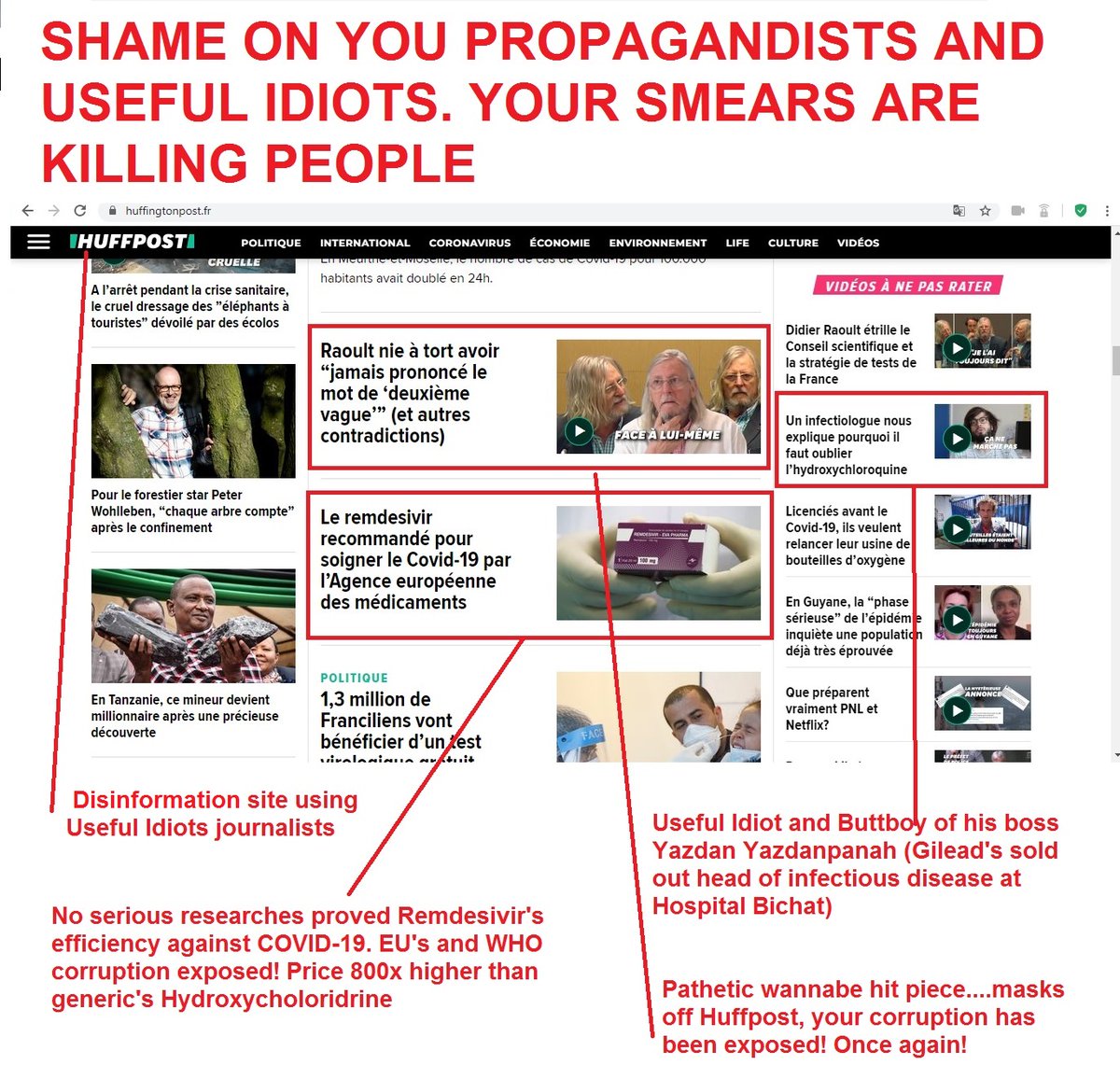 Calling18125604's tweet photo. SHAME ON YOU: Disinformation from Huffpost, Useful Idiot "journalist" and Hospital Bichat's Buttboy in favor of Gilead. Your smears kill people! @nathanpsmad, @ReJIF_, @SPILF_, @hopitalbichat, @APHP, @LeHuffPostBlog, @LeHuffPost, @DegEsther, #COVID19, #lancetgate https://t.co/v5z0BjYIe5