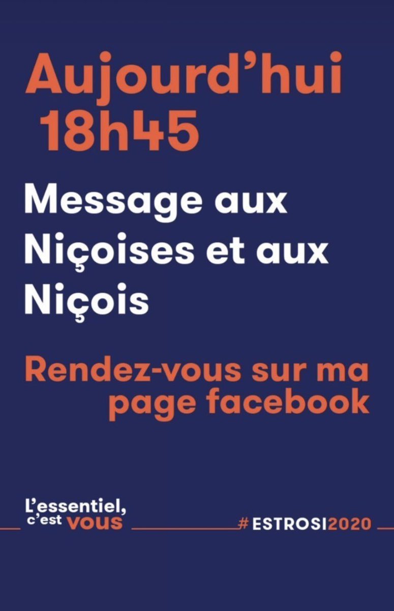 marinebrenier's tweet photo. Aujourd’hui, à 18h45, @cestrosi s’adressera aux Niçoises et aux Niçois.
Rendez-vous sur sa page Facebook : https://t.co/wxXehvrM4v
Ne manquez pas son message !
#lessentielcestvous #Nice06 #estrosi2020 https://t.co/y5gYDgIwJZ