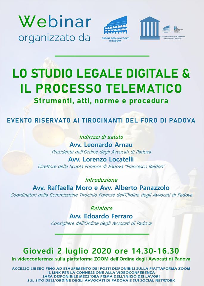 Avv_E_Ferraro's tweet photo. #nextjob
#nextweek
Il #2luglio si parlerà con i #tirocinanti del foro di Padova di #StudioLegaleDigitale e #ProcessoTelematico.
In un paio d'ore cercheremo di fornire una visione d'insieme di come sta cambiando la professione forense, con qualche spunto pratico.
#savethedate https://t.co/n5B2KOQHjS