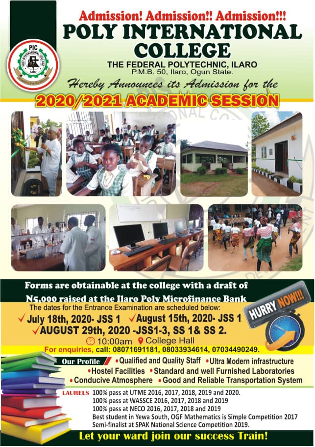 AdejareOdu's tweet photo. ADMISSION! ADMISSION!! ADMISSION!!!
         2020/2021 ACADEMIC SESSION
        POLY INTERNATIONAL COLLEGE
THE FEDERAL POLYTECHNIC ILARO, OGUN STATE https://t.co/x6A1gfW3VP