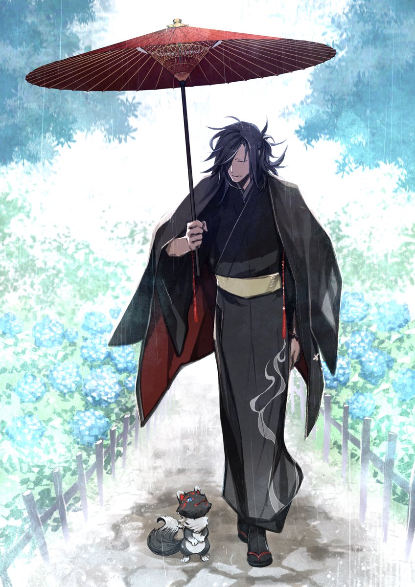 umbrella japanese clothes black kimono kimono black hair 1boy rain  illustration images