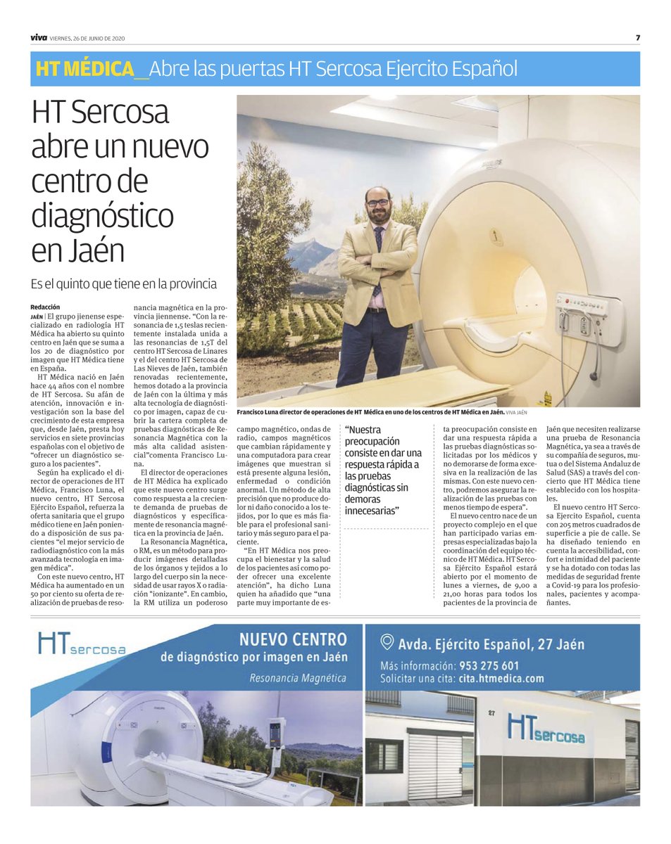 HTmedica's tweet photo. Las declaraciones de nuestro Director de Operaciones @fjlunaalcala hoy en @VivaJaen
Inauguramos el quinto centro @HTmedica en #Jaén para ofrecer el mejor servicio de radiodiagnóstico a nuestros pacientes.
#Radiología #ResonanciaMagnética #CentrosHT https://t.co/qvcuV7g0Dw