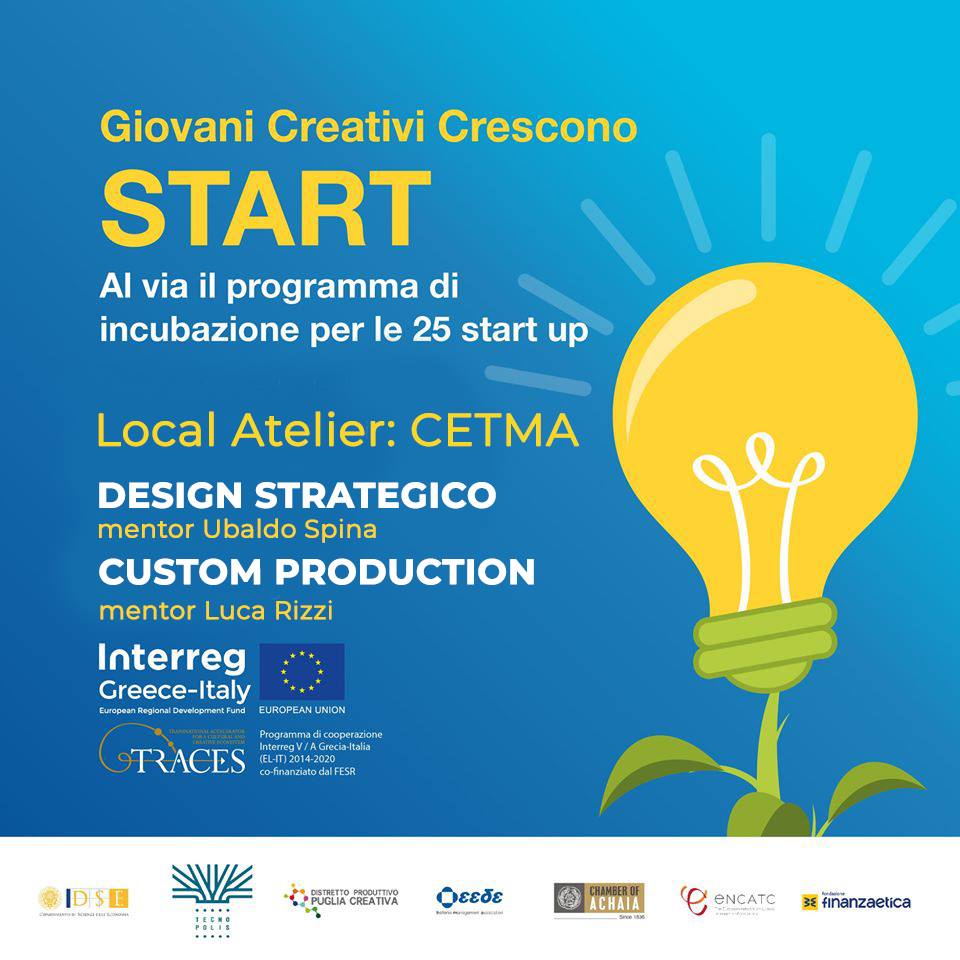 Consorzio_CETMA's tweet image. 𝗣𝗿𝗶𝗺𝗮 𝘀𝗲𝘁𝘁𝗶𝗺𝗮𝗻𝗮 𝗱𝗶 𝗶𝗻𝗰𝘂𝗯𝗮𝘇𝗶𝗼𝗻𝗲 𝗽𝗲𝗿 𝗹𝗲 𝟱 #startup 𝗻𝗲𝗹  #LocalAtelier #CETMA 𝗽𝗲𝗿 𝗶𝗹 𝗽𝗿𝗼𝗴𝗲𝘁𝘁𝗼 #TRACES

@Interreggr_it  @TecnopolisPST
#PugliaCreativa #Traces #interreggreeceitaly #creativi #creativestartup #creativehubs