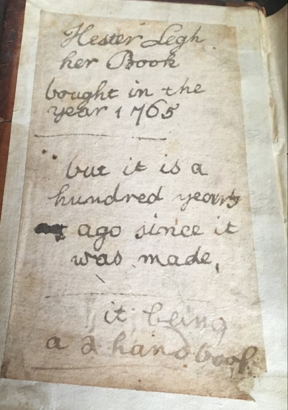 In another example, Hester Legh (d. 1789), third daughter of Peter VIII (1708-92)  @NTLymePark details the date (1765), the condition (2nd hand) and the original publication date of her copy of Samuel Butler’s Hudibras.  #EMQuon 8/14