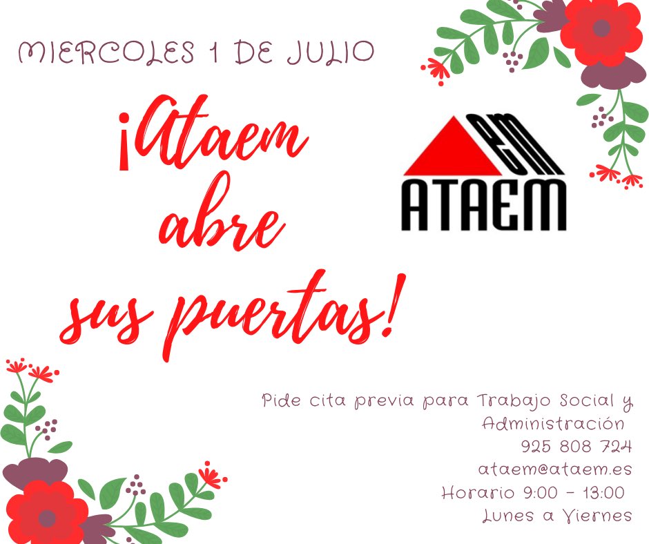 ataemtalavera's tweet photo. 📌Tenemos una noticia que nos alegra mucho poder comunicar, el próximo 1 de Julio Ataem vuelve a abrir sus puertas!!! 👏🏻👏🏻👏🏻
Abrimos con todas las medidas de seguridad y con muchas ganas de retomar los tratamientos presenciales.
#ataem #talaveradelareina https://t.co/3FgWxVN8op