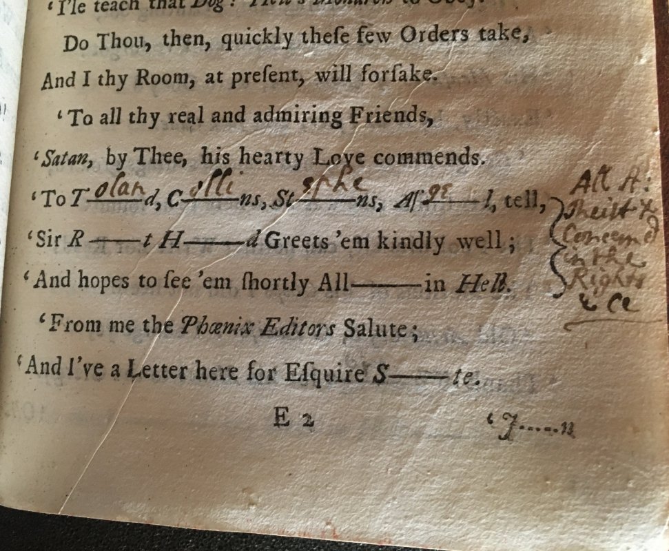 Frances Legh’s copy of Abel Evans poem  @NTLymePark contains gaps which invite the reader to annotate their copy. Legh writes the name of the doctor, Tindall, and fills in gaps within the poem. This is a type of directed annotation invited by the text.  #EMQuon 10/14