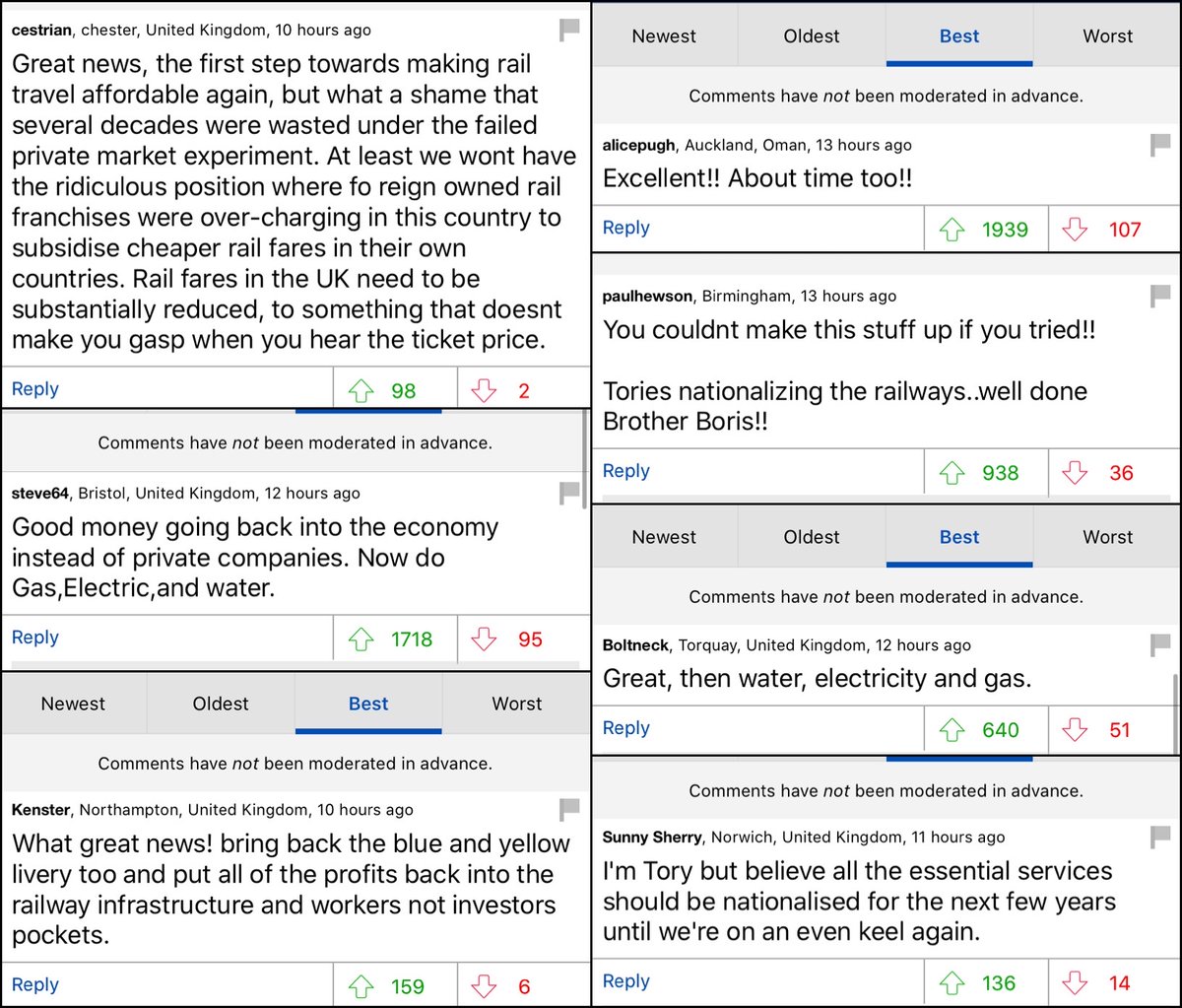 DMReporter's tweet image. HILARIOUS: Remember that time Corbyn wanted to renationalise the railways and Mail readers freaked-the-fuck out? Well, now the Tories want to do it and they couldn’t be happier…