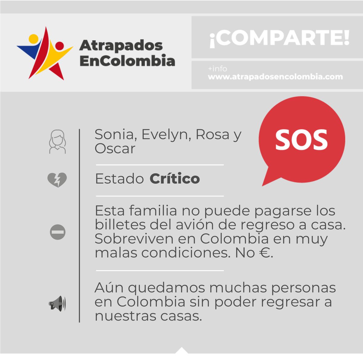 AtrapadosCol's tweet photo. ⚠️CASO CRÍTICO⚠️
⚠️ Familia Española atrapada en la ciudad de Bogotá. Está familia NO TIENE RECURSOS para pagar vuelos, ni para comer. Están viviendo los 4 en una habitación. @EmbajadaEspCol dio una ayuda de 200€ hace 1 mes. HACEMOS UN LLAMADO A LA SOLIDARIDAD DE TODOS🆘️ https://t.co/E6QPMbwBFD