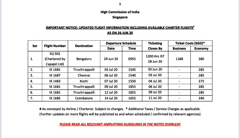 HCI_Singapore's tweet photo. #VandeBharatMission Phase4 Schedule of flights from Singapore as of now 
and current Guidelines.

Selected pax wil hear from Mission/Airlines for ticketing. 

Please check website for updates and requirements.

Government of India will schedule more flights in coming days... https://t.co/84x9CwOU62