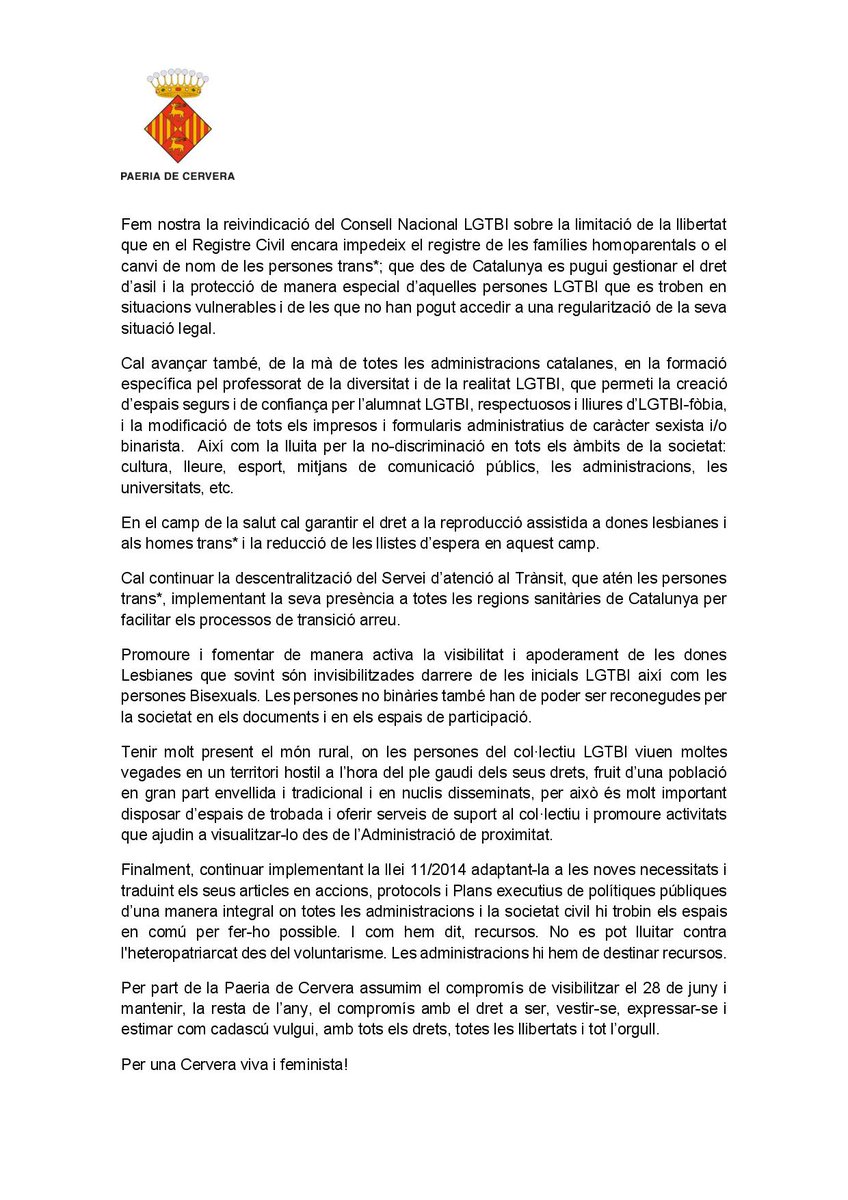 paeriacervera's tweet photo. ℹ️ Declaració institucional de la Paeria de #Cervera #28J
👉 Defensem els drets del col·lectiu LGTBI, especialment al món rural, i assumim com a pròpies les reivindicacions del Consell Nacional LGTBI.
👉 Hem penjat la bandera multicolor en una asta, al costat de les oficials 🏳️‍🌈 https://t.co/QcluqWmTzh