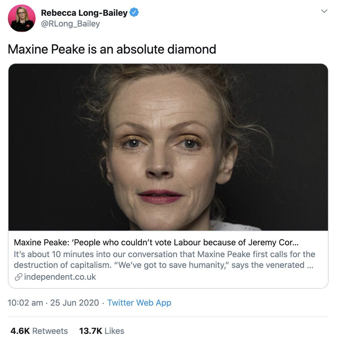 Rebecca Long-Bailey lost her job because she tweeted support for an interview by the actor Maxine Peake, in which Peake said “The tactics used by the police in America, kneeling on George Floyd’s neck, that was learnt from seminars with Israeli secret services”