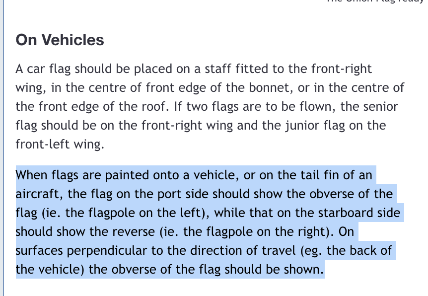 In fact here's the American Army talking about it in one of their rules books, back in the eighties:  https://books.google.fr/books?id=P7ctADGgrvkC&pg=SA7-PA15&lpg=SA7-PA15&dq=aircraft+vertical+stabiliser+as+flag&source=bl&ots=OlqgdiU1Sj&sig=ACfU3U3OVpU8nAYzjqo7mQ1z819btfzRfw&hl=en&sa=X&ved=2ahUKEwjHhPjZiZ_qAhWIEBQKHV6WBbkQ6AEwE3oECAsQAQ#v=onepage&q=aircraft%20vertical%20stabiliser%20as%20flag&f=falseAnd here's OUR OWN national guidelines for flags on plane tails.  https://www.flaginstitute.org/wp/british-flags-2/flying-flags-in-the-united-kingdom/british-flag-protocol/#index16