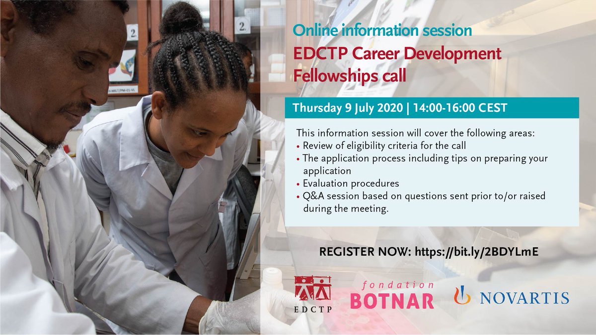 EDCTP's tweet photo. Are you interested in the EDCTP Career Development Fellowship call? Register for the webinar and learn more about the application process and evaluation procedures. 

Register: https://t.co/McfhbmpZY0 

@FondationBotnar @Novartis_NSB #Fundingtweets #research #careerdevelopment https://t.co/0vBG7KO8uV