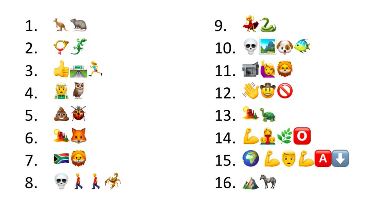 frozenark's tweet photo. Can you guess the name of the species based on these emojis? ๐ค
Think you've got them all? Tag your friends to see if they can get as many as you!
Answers will be released on Monday! #DesertTheme
#emojigame #puzzle #conservation #wildlife #wildlifeconservation #nature https://t.co/BkkxaqOnus
