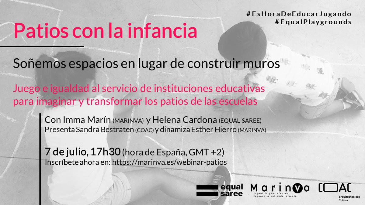 marinvizate's tweet photo. 💭¿Nos ayudas a soñar patios escolares, des de la ludicidad 🌈y con criterios de género ♂️♀️⚧️?
Te esperamos el próximo 7 de julio, junto con @equalsaree y @COACatalunya.
#EsHoraDeEducarJugando #EqualPlaygrounds
✏️¡INSCRIPCIONES ABIERTAS!
https://t.co/upMC8Vnw7m https://t.co/Ep57XK30ud