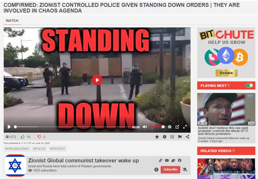 These are all videos from far right channels on the alternative video sharing platform BitChute, claiming “Zionist controlled police” are creating chaos to assist “the Jew occupation of America”