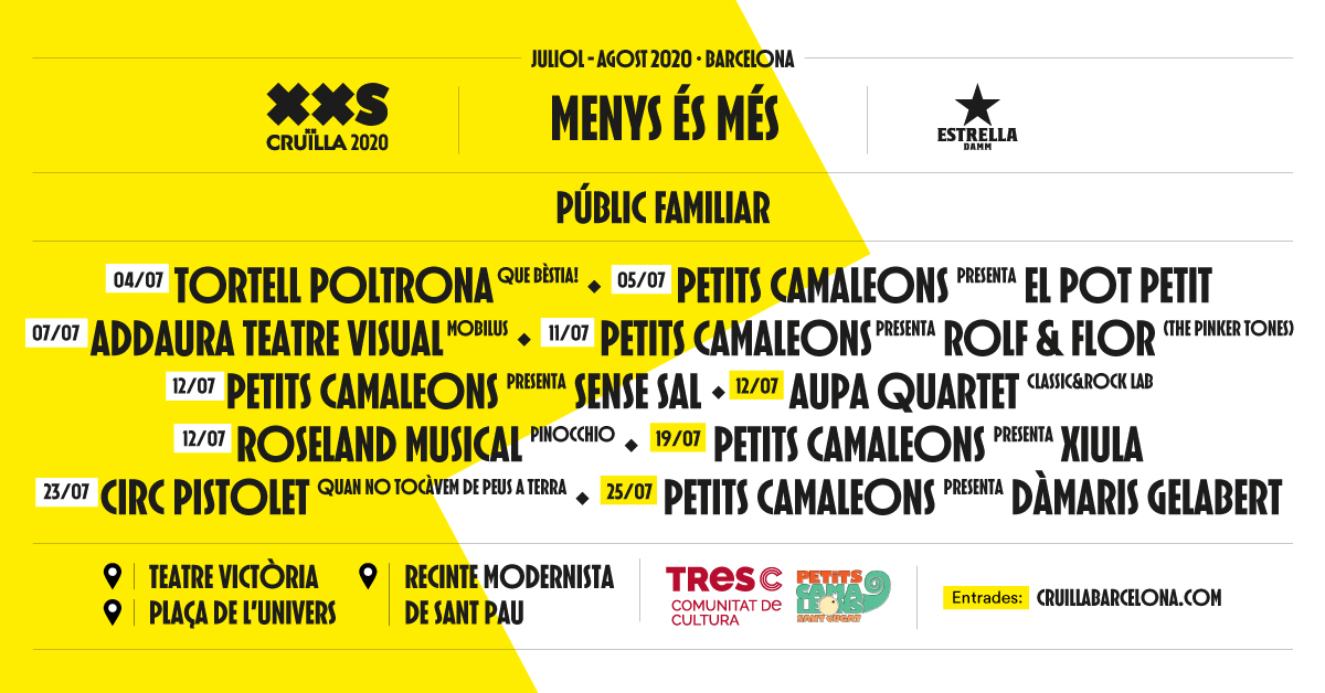 Viu el #CruïllaXXS en familia! 💛 NOUS CONFIRMATS! 😱

<a href="/PetitsCamaleons/">Petits Camaleons</a> et porta els espectacles de <a href="/DamarisGelabert/">Dàmaris Gelabert</a>, <a href="/GrupSensesal/">Sense sal</a>, <a href="/rolfyflor/">Rolf & Flor</a>, @xiulaoficial i <a href="/elpotpetit/">EL POT PETIT</a> 🎉

La companyia <a href="/roselandmusical/">Roseland Musical</a> ens farà ballar amb 'Pinocchio' 🤥

Entrades 👉 bit.ly/2VlF4qD