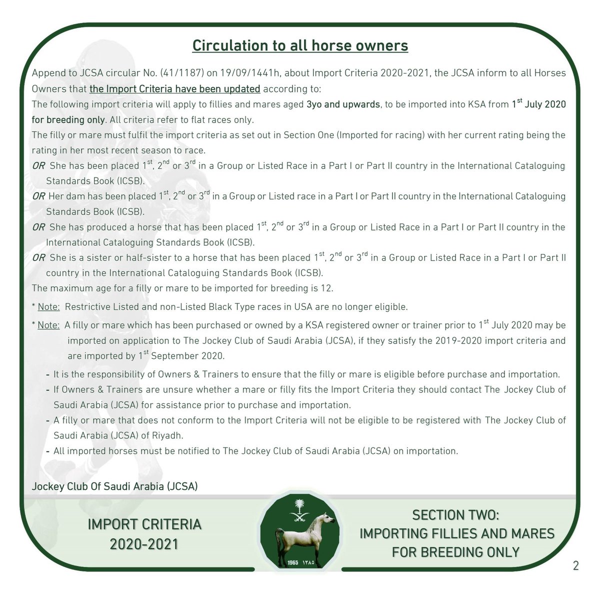 forositwatn's tweet image. #JCSA announces to all horses owners, Import Criteria for 2020/2021 has been updated as Following:
#Horses