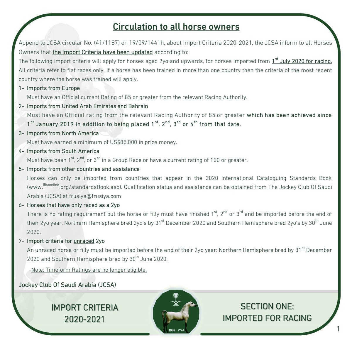 forositwatn's tweet image. #JCSA announces to all horses owners, Import Criteria for 2020/2021 has been updated as Following:
#Horses
