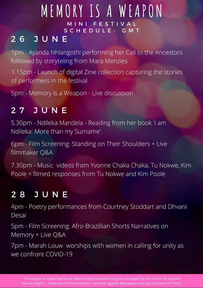 memoryisaweapon's tweet photo. Throughout our #minifest this weekend we are bringing Black women together to share storytelling, music, film, art and activism as a way to reflect on COVID-19. Here's what we have in store... 💜. Supported by @arctivists https://t.co/10lhLDHnSP