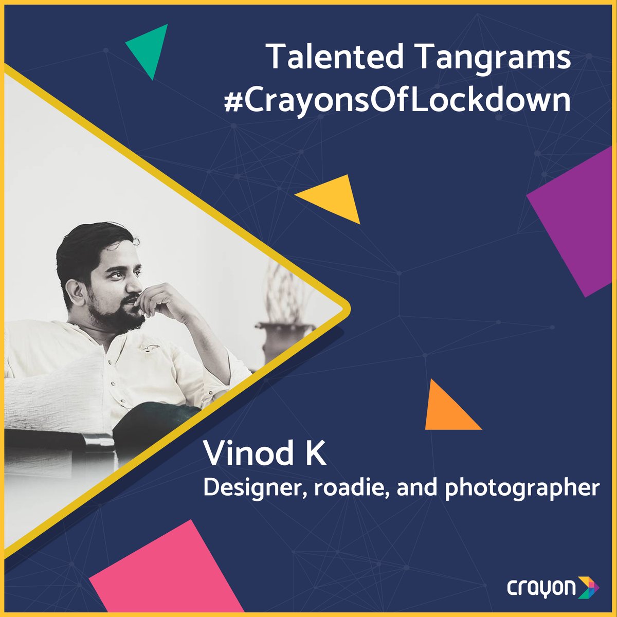CrayonBigData's tweet photo. In the latest edition of #TalentedTangrams, we have designer/roadie/#photographer Vinod. You might want to check his Instagram handles for some amazing #photos.
Handle 1: https://t.co/L05csV4hbC
Handle 2: https://t.co/VOzkSaT7Dt https://t.co/YnEO6oagEG