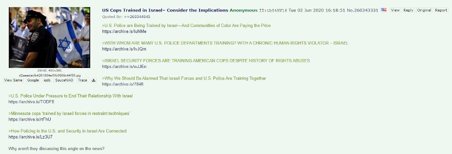 On the 4chan site, where extreme antisemitism, racism, misogyny, homophobia and hate are standard, far right users share articles from left wing websites protesting that American police are trained by Israel