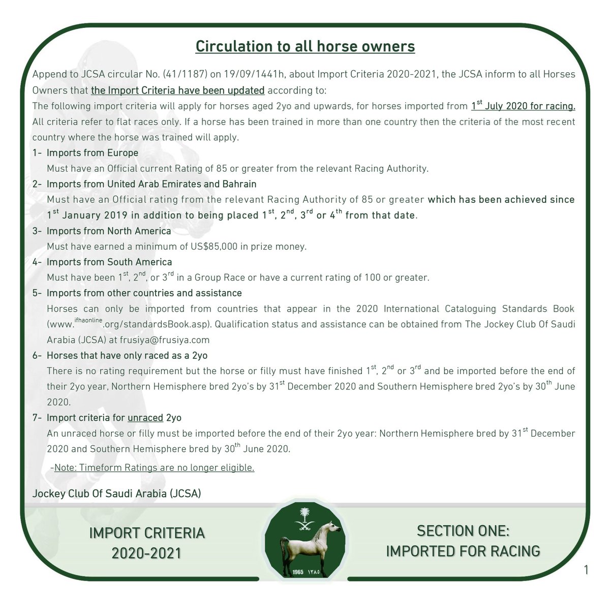 FrusiyaClub's tweet image. #JCSA announces to all horses owners, Import Criteria for 2020/2021 has been updated as Following:
#Horses
