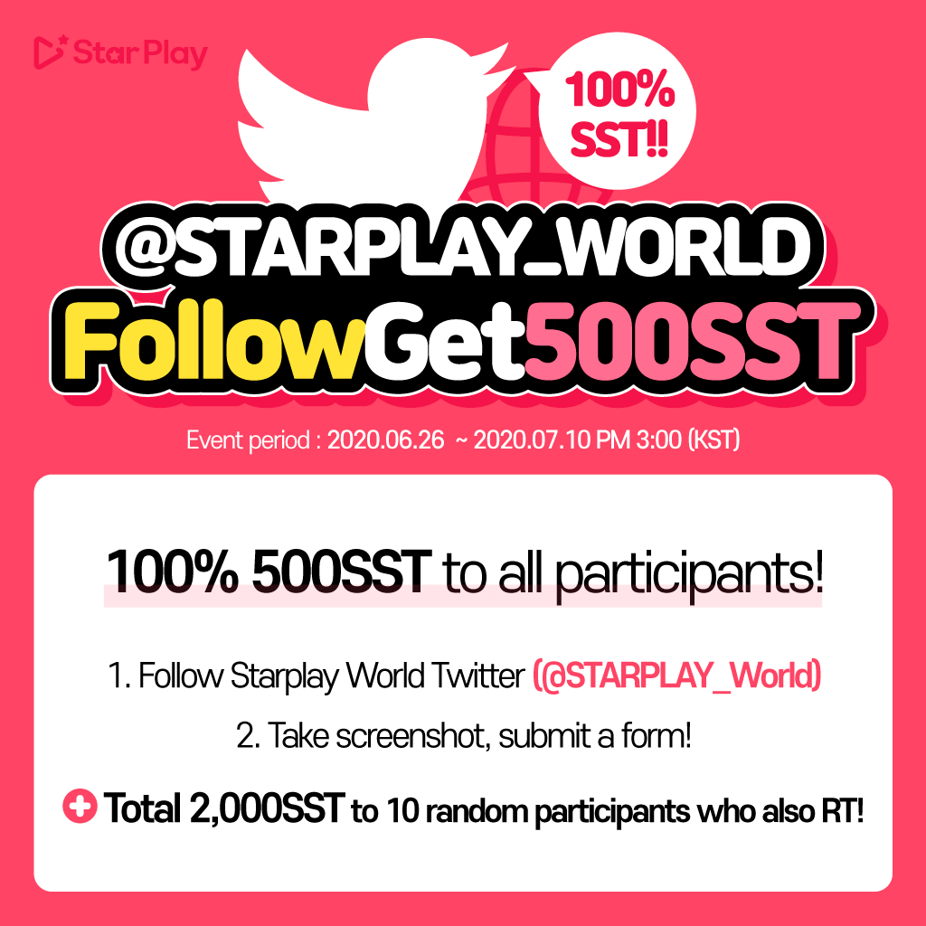 STARPLAY_World's tweet photo. 📢Follow #Starplay World to get 500sst❤️

<Participate>
1. Follow Starplay World(@STARPLAY_World)!
2. Take a screenshot, submit form!

Total 2,000sst to 10 random participants who also RT~!😱

🔗https://t.co/AQ6QEuSOzP

#STARPLAY #gleammedia https://t.co/edVljtbOWV