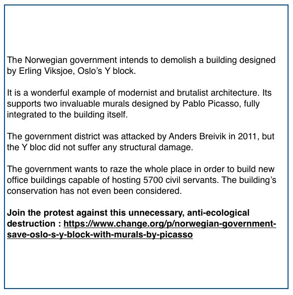 EvaJoly's tweet photo. Norway’s gvt wants to demolish Oslo’s #YBlock, wonderful example of the modernist architecture, supporting two murals by Picasso. Many oppose the project. Join them!
https://t.co/VfqimPElkM https://t.co/5BzN07Ha8T