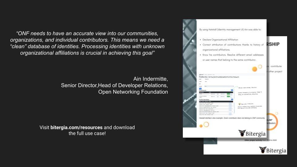 Bitergia's tweet photo. To have an accurate view into community, organizations, and individual contributors, ONF relies on Hatstall, Bitergia Analytics identity management UI.
๐ฅ Download ONF use case to learn more https://t.co/ax4wOnkER3
#SoftwareDevelopmentAnalytics https://t.co/N7y1uoZHIU
