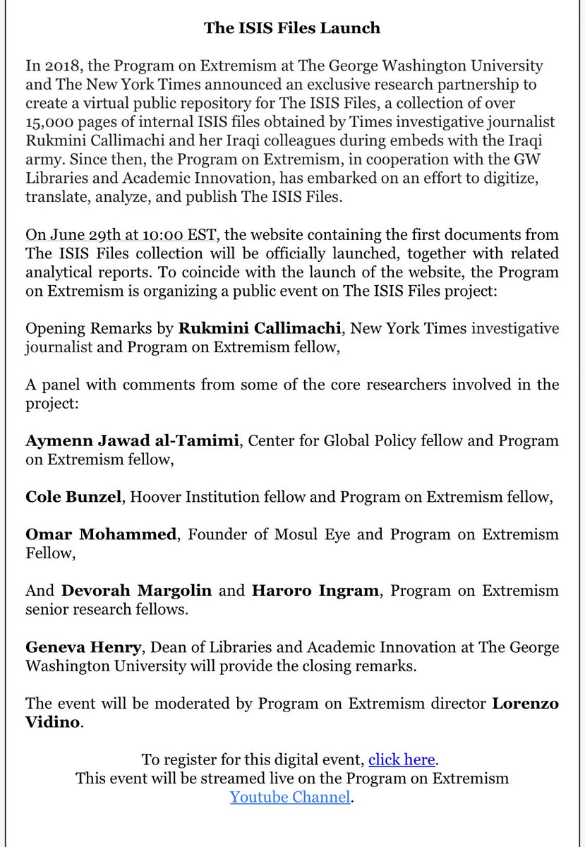 gwupoe's tweet photo. On Monday, The Program on Extremism, @GWtweets Libraries, and the @nytimes launch our online library of internal ISIS Files with new analysis from leading scholars. RSVP here for the panel discussion that morning. 

https://t.co/eZtqt1AbPJ https://t.co/hE8NE7ffRm