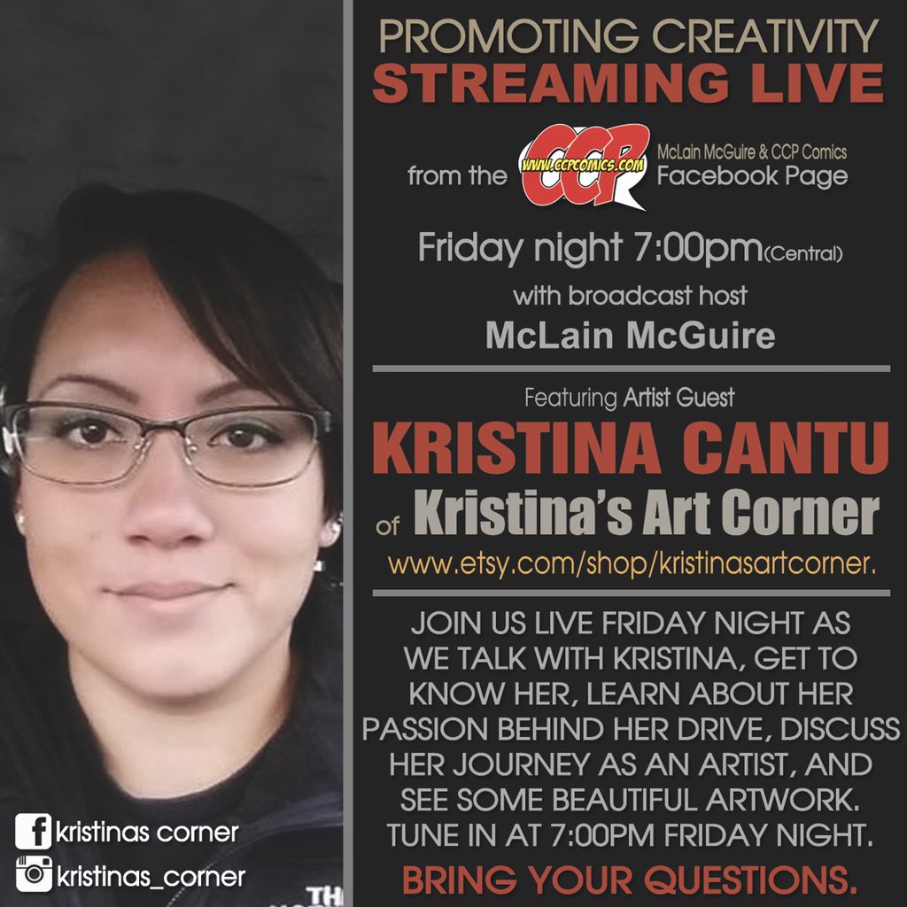 mclainmcguire's tweet photo. BIG ANNOUNCEMENT from Promoting Creativity. 

Tonight, 7:00pm we will have our special guest artist/painter on the show. I give you Kristina Tilford Cantu of Kristina’s Art Corner!! We are so excited to have Kristina on tonight it has been a long time waiting. https://t.co/TPDdfglIP2