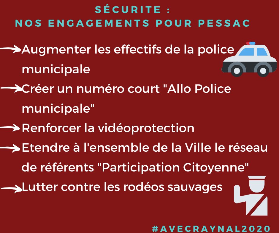 Pour une ville plus sûre et plus apaisée nous proposons :
✅ L'augmentation des effectifs de la police municipale 
✅ La création d'un numéro court "allô police municipale 
✅ Le renforcement de la vidéoprotection
#AvecRaynal2020 
#NaturellementPessacEnsemble