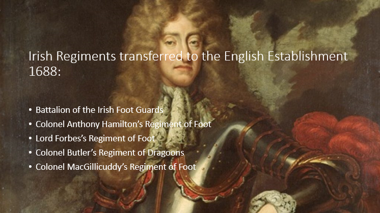 In September 1688 James II brought over five ‘Irish’ regiments to bolster the English army with a paper strength of 2,400 soldiers plus officers, supposedly all Catholic, following reforms in 1686/7, these assumptions have never previously been fully investigated.  #EMQuon 5/16