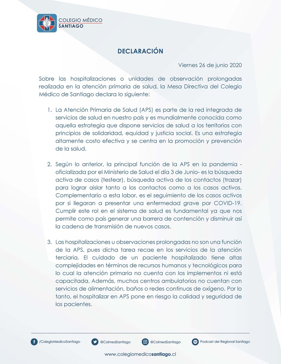 ColMedSantiago's tweet photo. [DECLARACIÓN] Con respecto a las hospitalizaciones o unidades de observación prolongadas realizada en la atención primaria de salud #APS, la Mesa Directiva del #ColmedSantiago declara lo siguiente: https://t.co/9Nxb8C2HBu