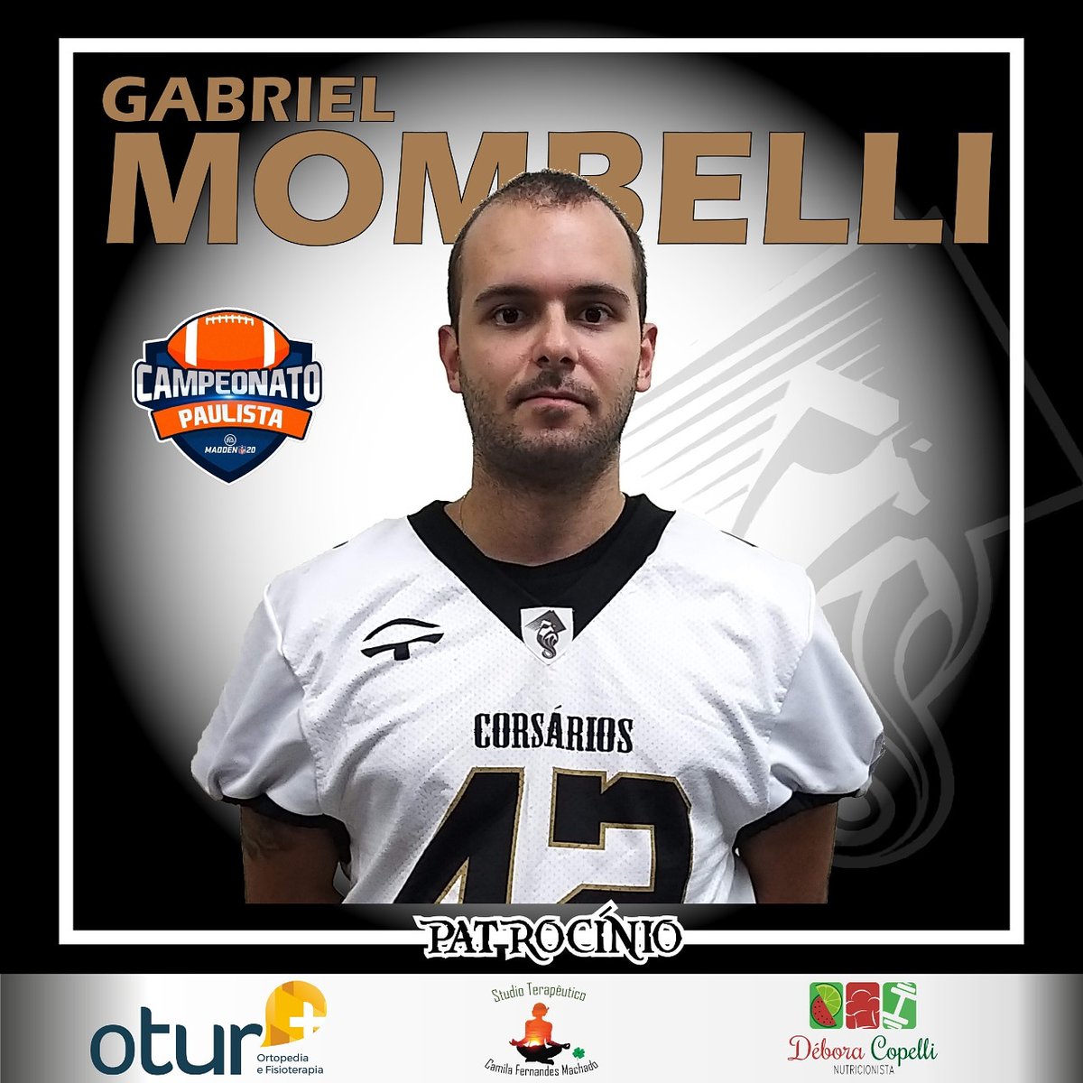corsarios_fa's tweet photo. Apresentamos nosso atleta que nos representará no Campeonato Paulista de Madden 20: Gabriel Mombelli, linebacker.
#corsariosallblacks
#oturortopedia
#studiocamilafernandesmachado
#deboracopellinutri
#vivianrocaquiropraxia
#futebolamericanobrasil
#spflbrasil
#fepafa
#madden20 https://t.co/YxPorCYEEn